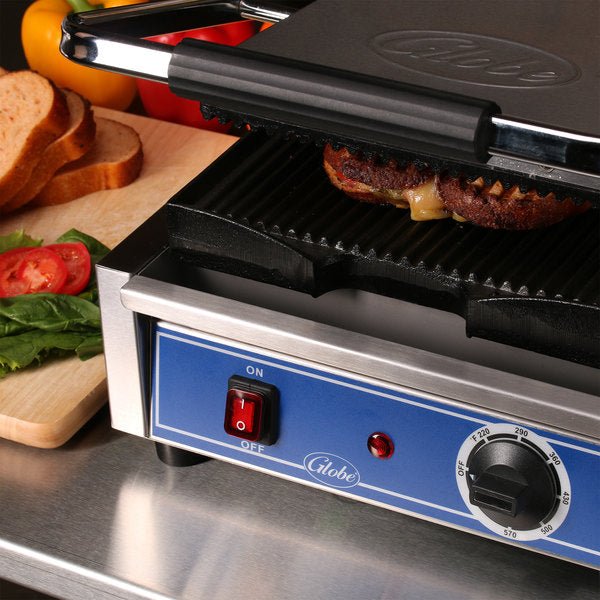 Globe GPG10 Bistro Series Single Sandwich Grill with Grooved Plates - 10" x 9.5" Cooking Surface - 120V, 1800W