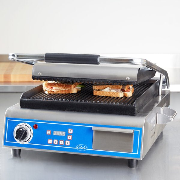 Globe GPG14D Deluxe Electric Single Sandwich Grill with Grooved Plates - 14" x 14" Cooking Surface - 120V, 1800W