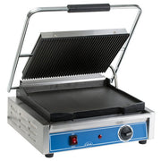 Globe GPGS1410 Mid - Size Panini Grill with Grooved Top & Smooth Bottom, 14" x 10" Cooking Surface - 120V, 1800W