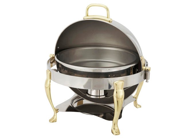 WINCO Vintage Stainless Steel/Gold Accent Round Roll Top Chafer, Model 308A, 6 Qt.