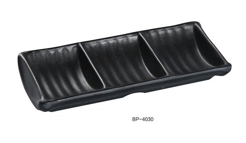 Yanco BP - 4030 Black Pearl - 2 Triple Sauce Dish, 7.5" Length, 3.5" Width, Melamine, Black Color with Matting Finish, Pack of 48