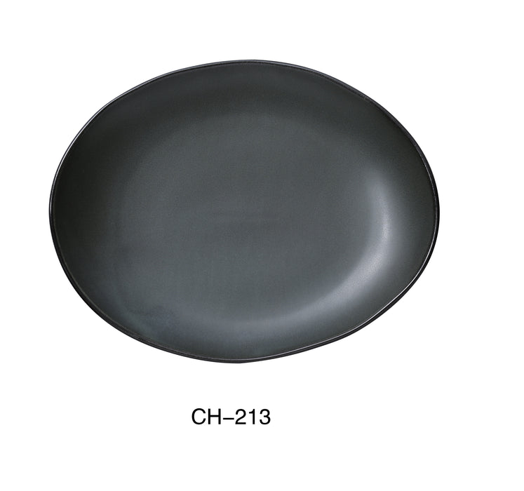 Yanco CH-213 Champs 13"L x 10-1/2"W x 1-1/2"H, Oval Plate, China, Matte Glaze, Green, Pack of 12