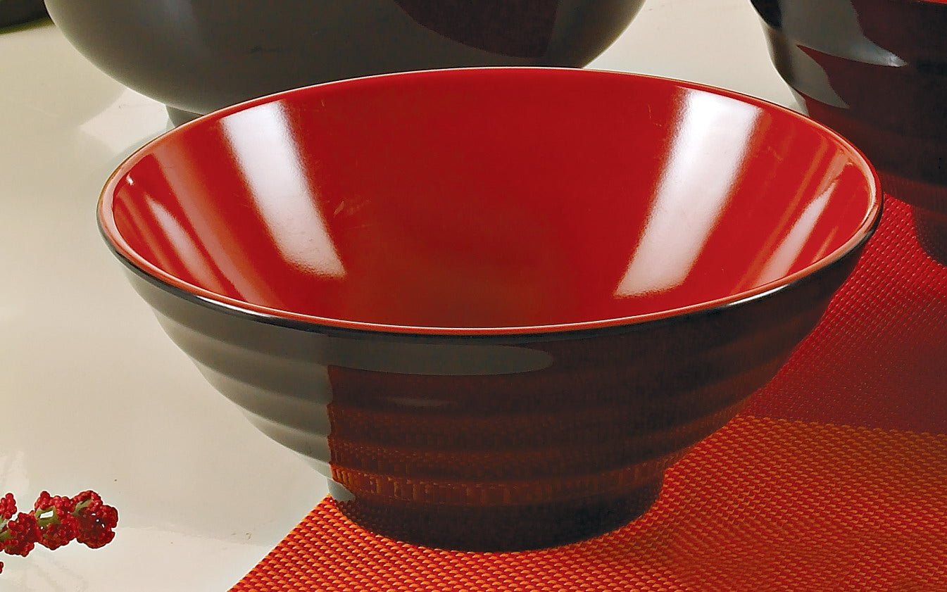 Yanco CR - 576 Black and Red Two - Tone Noodle Bowl, 36 oz Capacity, 2.75" Height, 7.75" Diameter, Melamine, Black/Red Color, Pack of 24