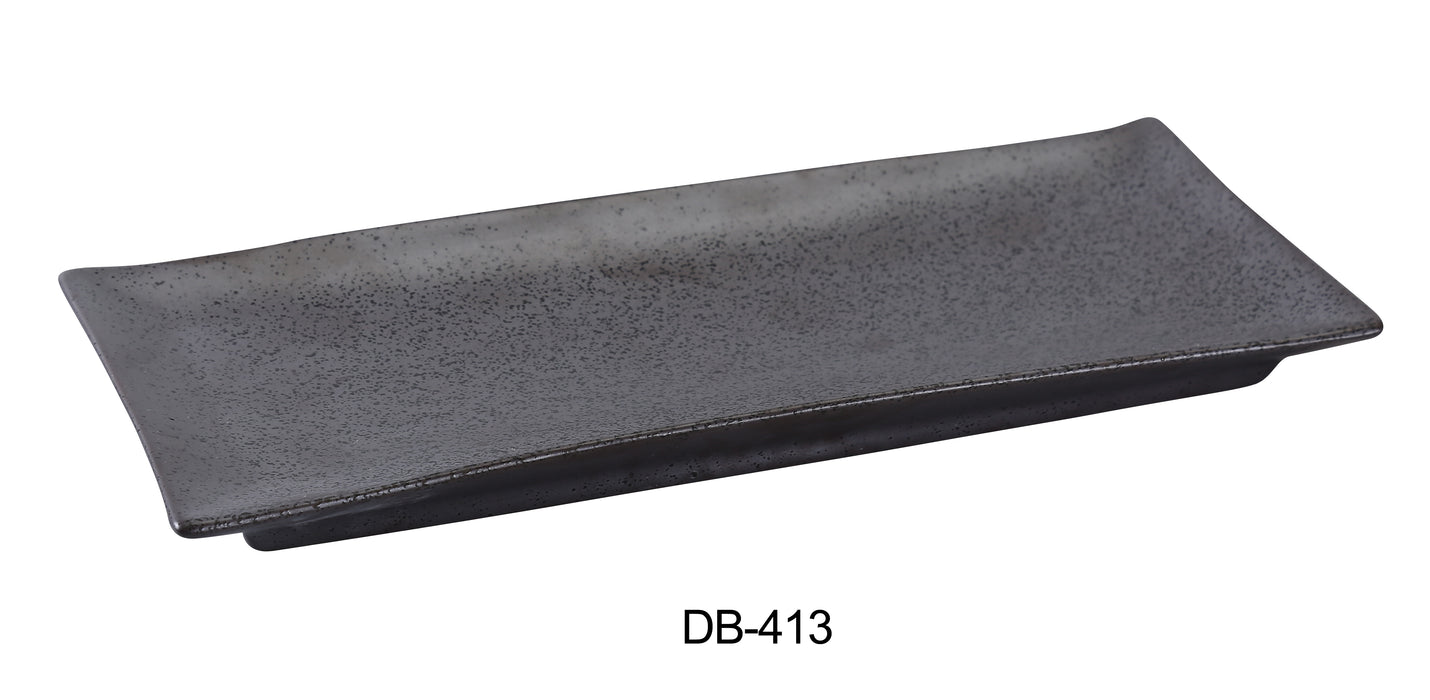 Yanco DB-413 Diamond Black 12" x 5 1/4" x 1 1/4" Rectangular Plate, China, Matte Glaze, Black, Pack of 12