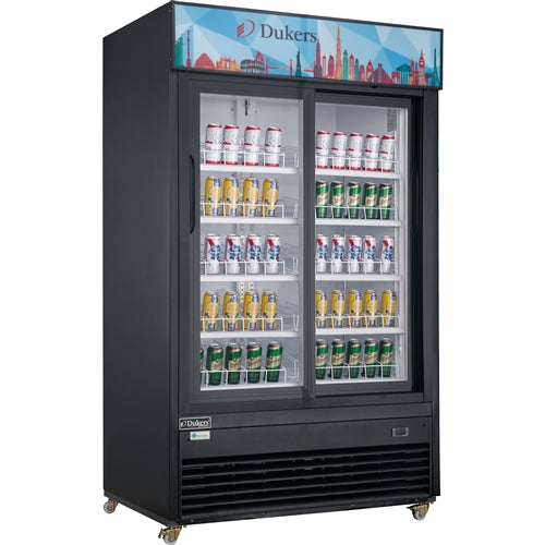 Dukers DSM-40SR Commercial Glass Sliding 2-Door Merchandiser Refrigerator in Black