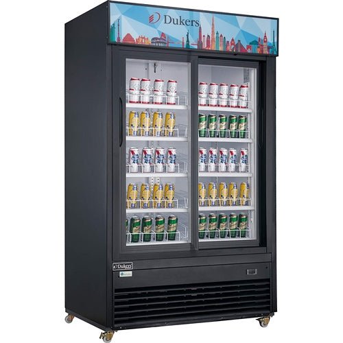 Dukers DSM - 47SR Commercial Glass Sliding 2 - Door Merchandiser Refrigerator in Black