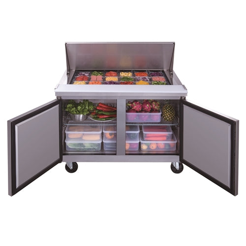 Dukers DSP48-18M-S2 2-Door Commercial Food Prep Table Refrigerator in Stainless Steel with Mega Top