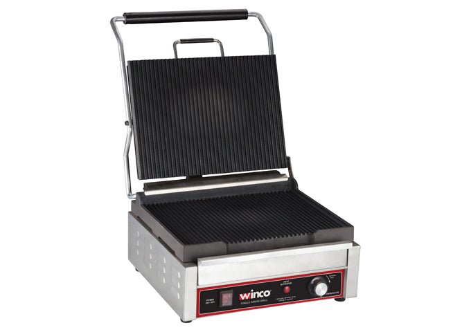 Winco EPG - 1C Single Electric Panini Grill with 14 - in Ribbed Plate, Stainless Steel