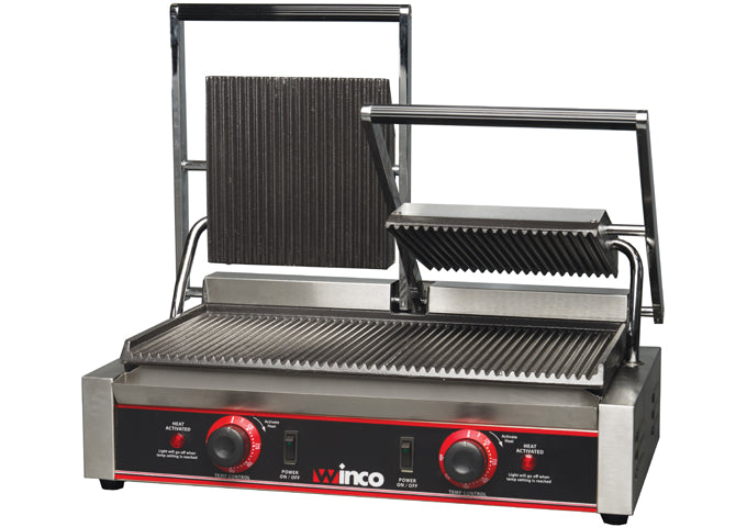 Winco EPG-2 Electric Double Panini Grill with Dual 9-in Ribbed Plates, Stainless Steel