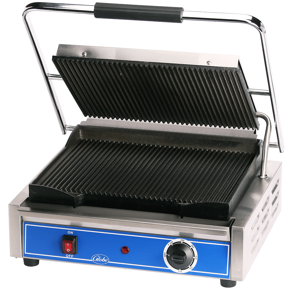 Globe GPG1410 Mid - Size Panini Grill with Grooved Plates, 14" x 10" Cooking Surface - 120V, 1800W