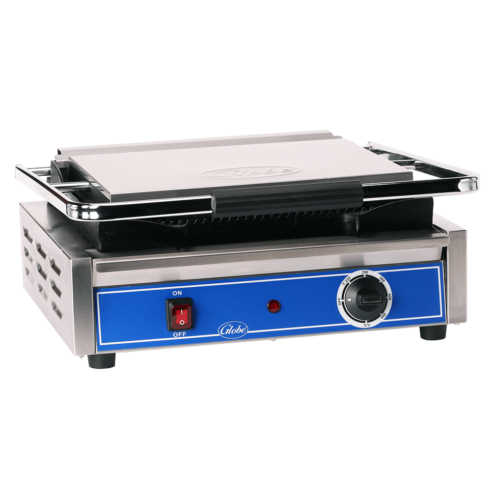 Globe GPG1410 Mid - Size Panini Grill with Grooved Plates, 14" x 10" Cooking Surface - 120V, 1800W