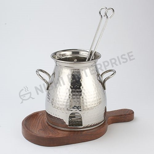 Hammered Stainless Steel Table Top Appetizer Tandoor with wooden tray