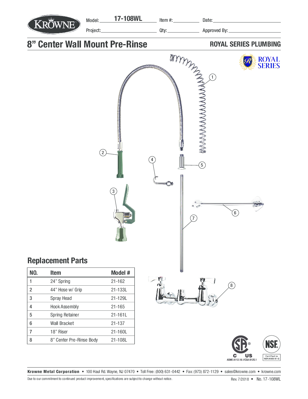 Krowne Royal Series 8" Wall Mount Pre Rinse Faucet - Model - 17 - 108WL