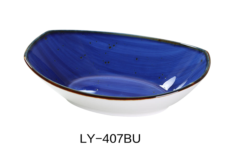 Yanco LY-407BU Lyon 7" x 4 3/4" x 1 3/4" Oval Bowl, Blue, 10 Oz, Reactive Glaze, China, Pack of 24