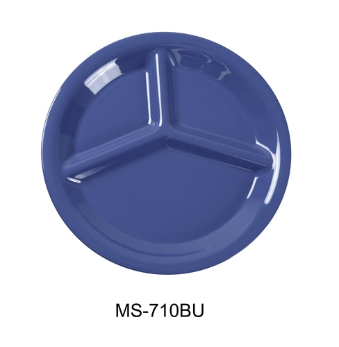 Yanco MS-710BU Mile Stone Three Compartment Plate, 10.25" Diameter, Melamine, Blue, Pack of 24