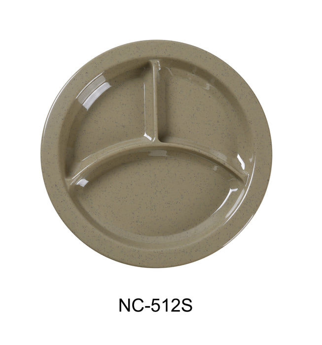 Yanco NC-512S Compartment Collection 3-Compartment Plate with Deep Beveled Foot, 9" Diameter, Melamine, Sand Color, Pack of 24