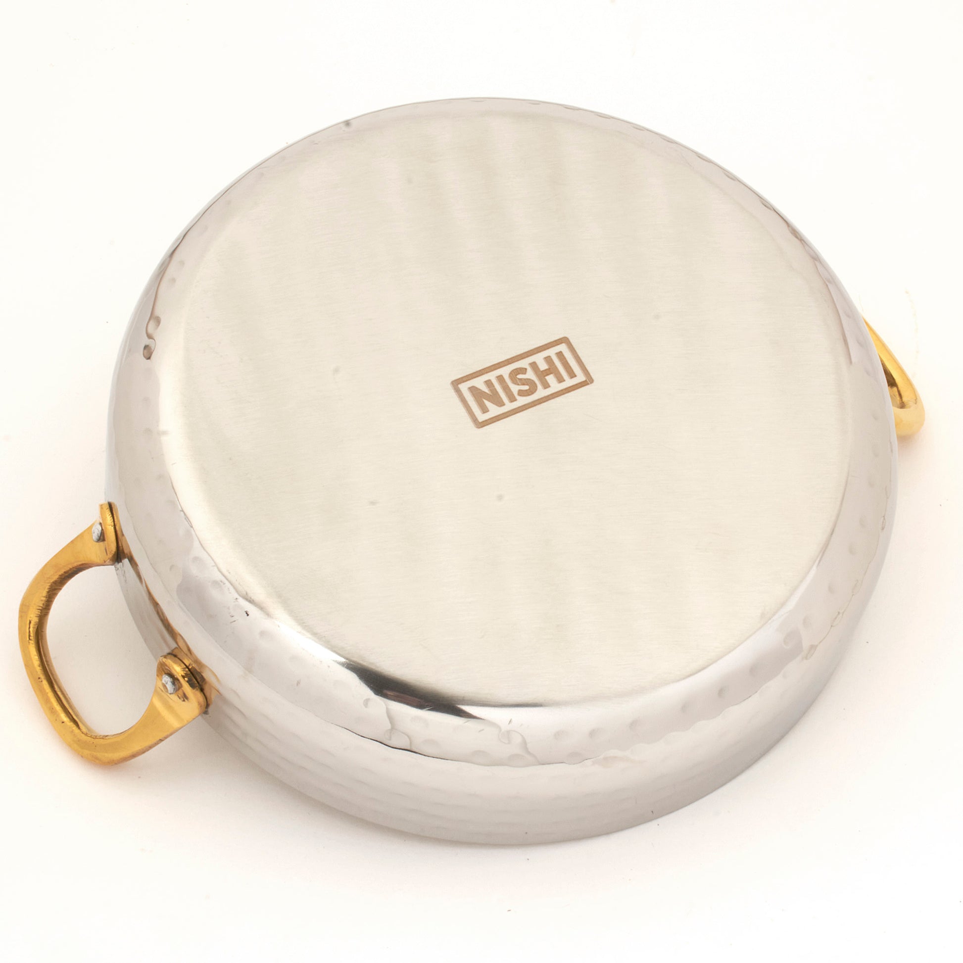 Hammered Stainless Steel Round Serving Bowl Fry Pan with Brass Handles - 18 Oz. (540 ml)