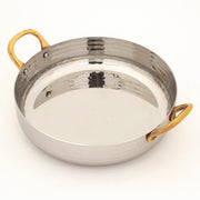 Hammered Stainless Steel Round Serving Bowl Fry Pan with Brass Handles - 18 Oz. (540 ml)