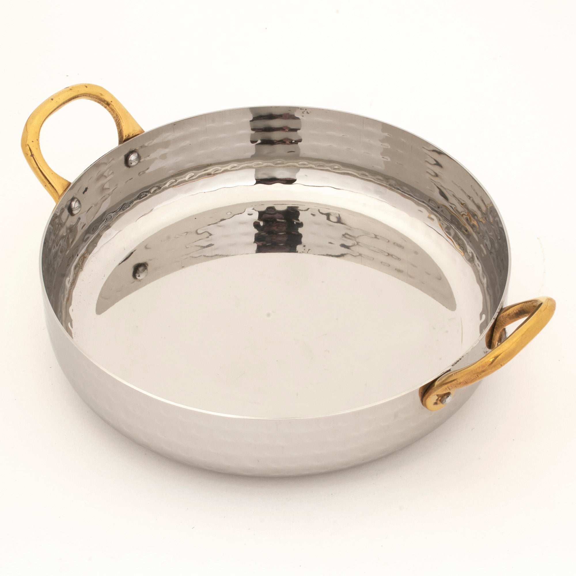 Hammered Stainless Steel Round Serving Bowl Fry Pan with Brass Handles - 18 Oz. (540 ml)
