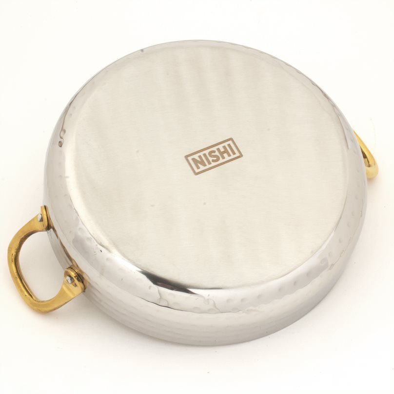 Hammered Stainless Steel Round Serving Bowl Fry Pan with Brass Handles - 30 Oz.