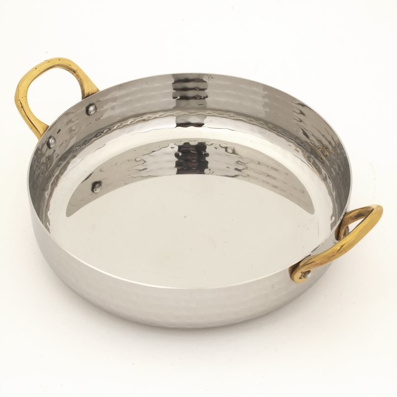 Hammered Stainless Steel Round Serving Bowl Fry Pan with Brass Handles - 30 Oz.