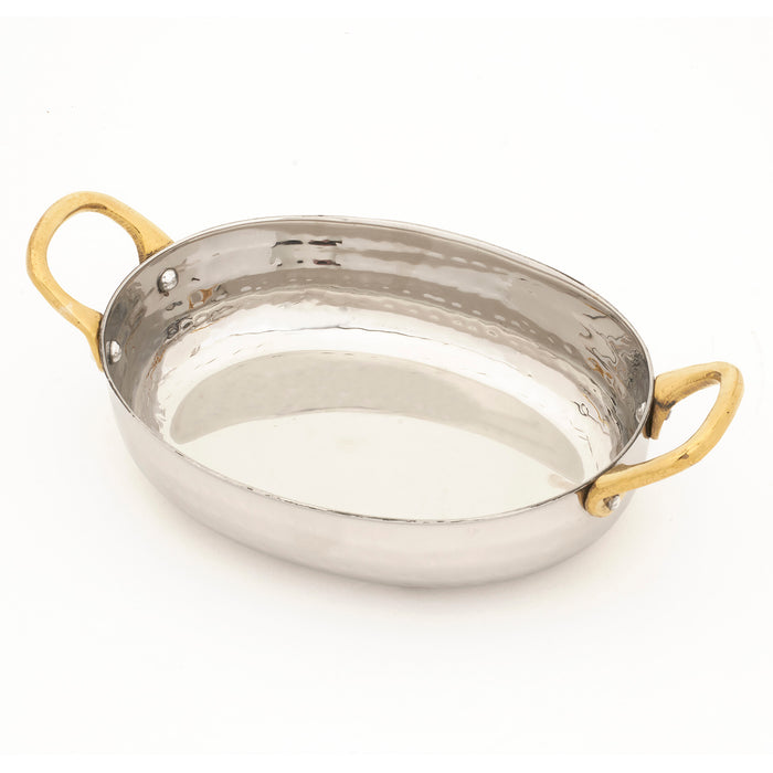 Hammered Stainless Steel Au Gratin Oval Dish with Brass handle - 13 Oz. (385 ml)
