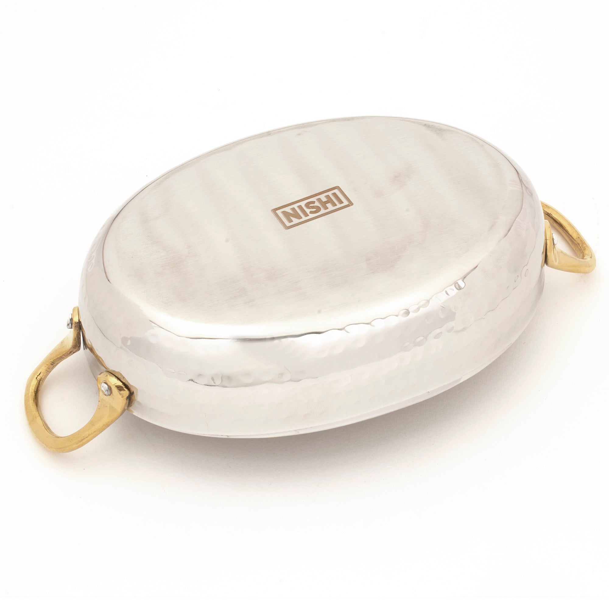 Hammered Stainless Steel Au Gratin Oval Dish with Brass handle # 2 - 20 Oz. (592 ml)