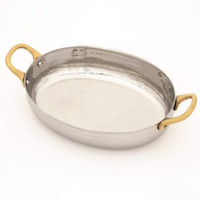Hammered Stainless Steel Au Gratin Oval Dish with Brass handle # 2 - 20 Oz. (592 ml)
