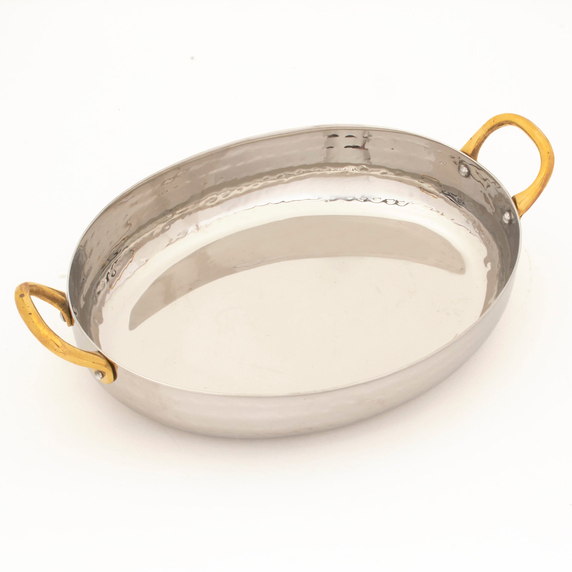Hammered Stainless Steel Au Gratin Oval Dish with Brass handle # 3 - 34 oz. Oz.