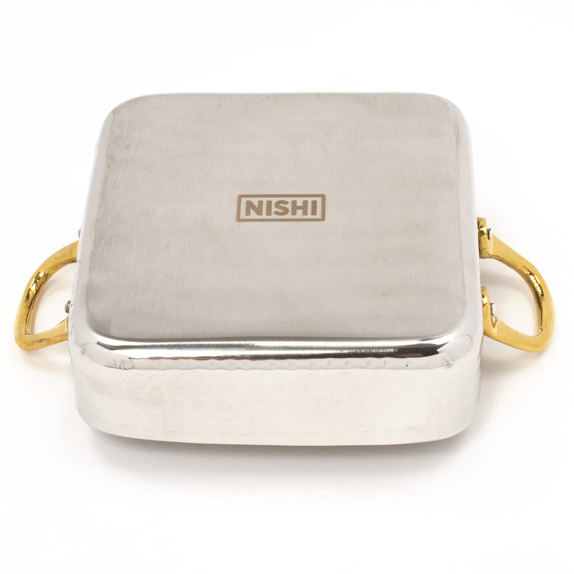 Hammered Stainless Steel Square Serving Bowl with 2 Brass Handles - 20 Oz.