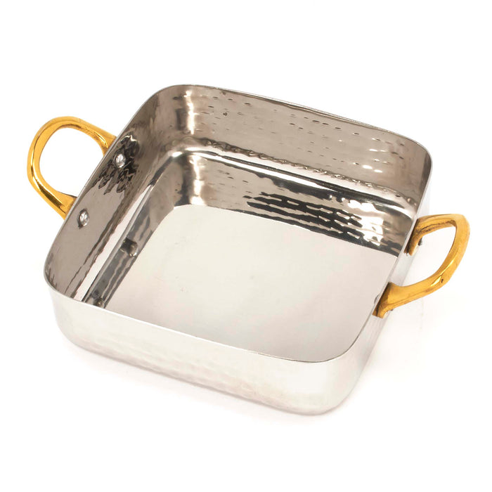 Hammered Stainless Steel Square Serving Bowl with 2 Brass Handles - 20 Oz.