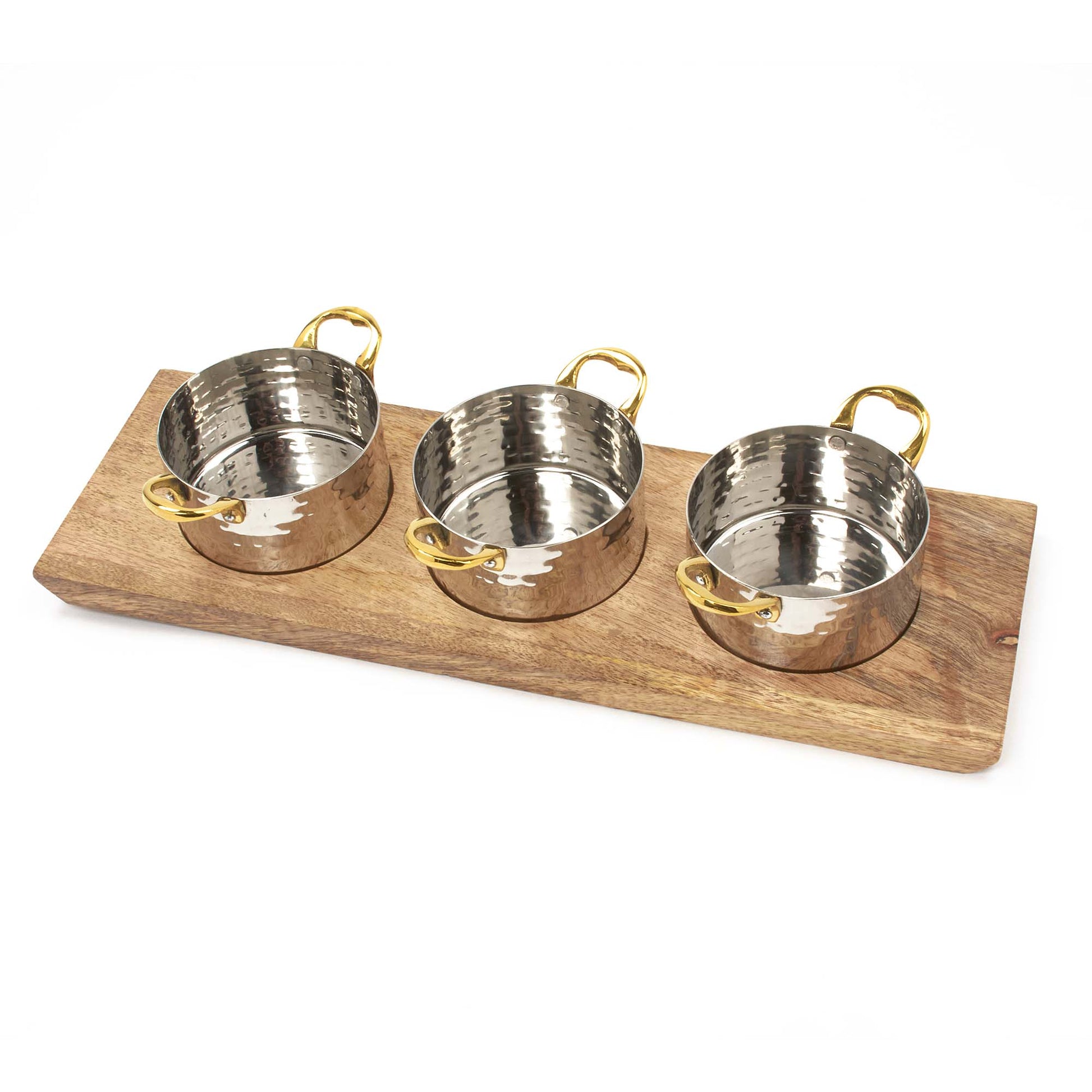 Stainless Steel 3 Hammered Sauce Pan Server with Brass Handles on Wooden Under Liner
