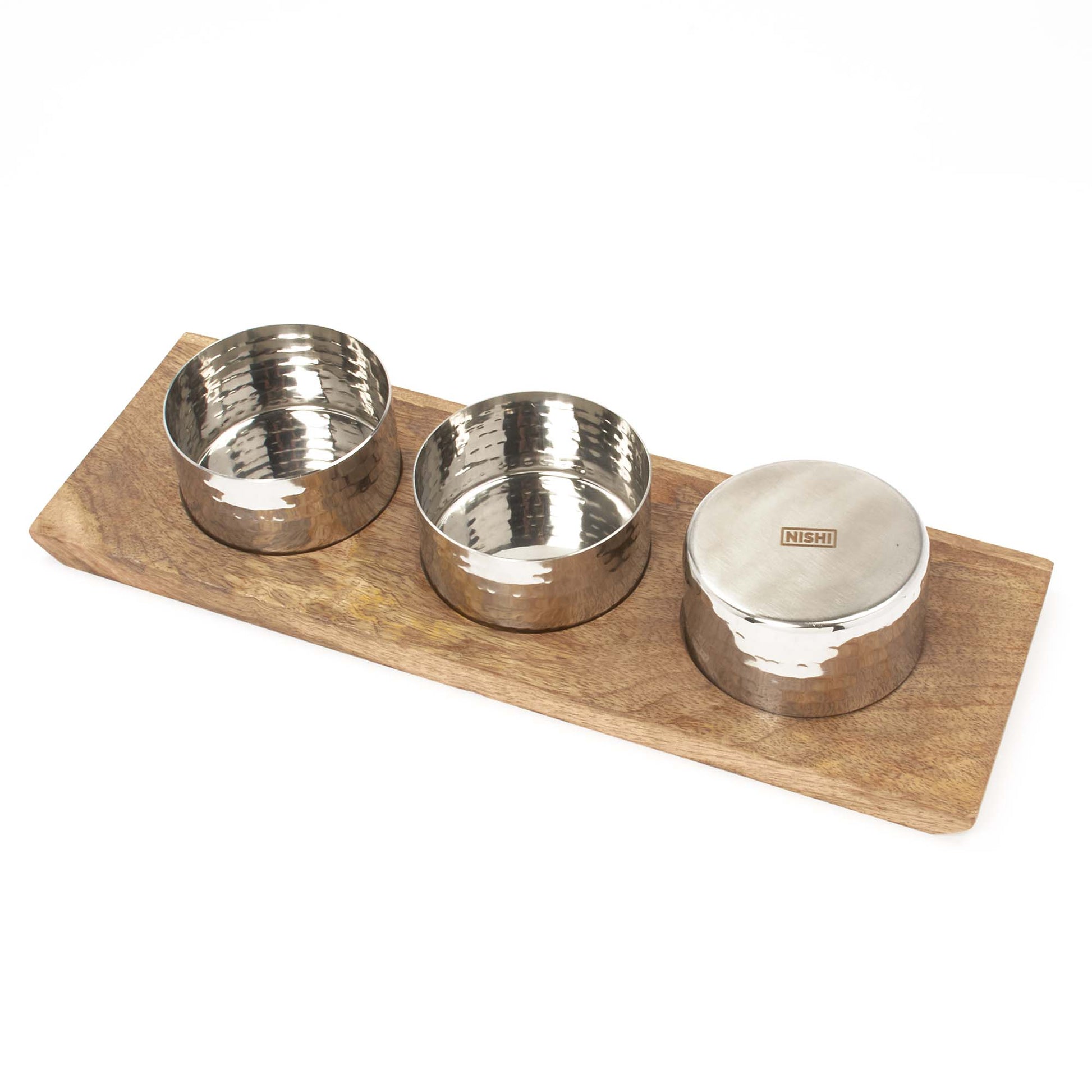 Stainless Steel 3 Hammered Sauce Pan Server with Wooden Under Liner