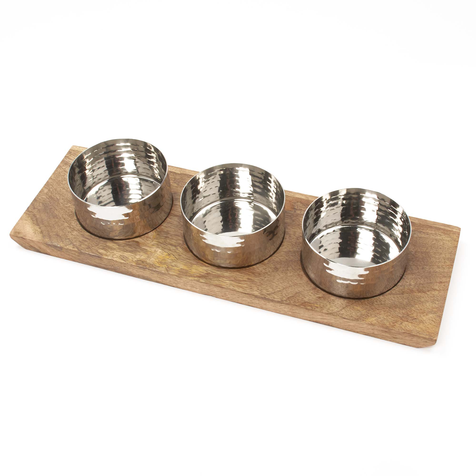 Stainless Steel 3 Hammered Sauce Pan Server with Wooden Under Liner