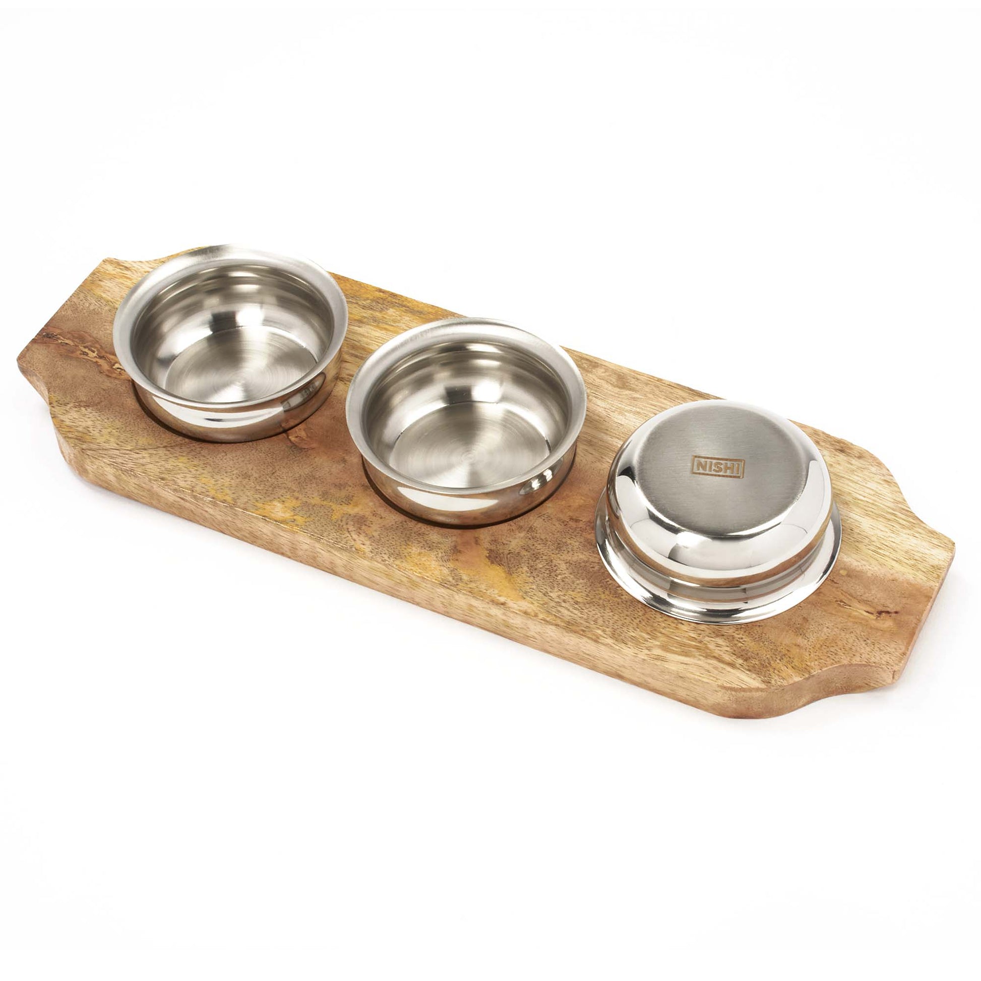 Stainless Steel 3 Handi Bowl Server with Wooden Under Liner