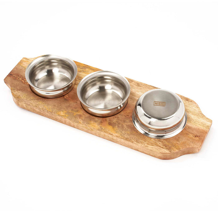 Stainless Steel 3 Handi Bowl Server with Wooden Under Liner