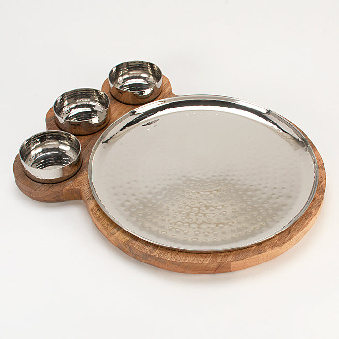 Hammered Stainless Steel Round Platter with Wooden Underliner and 3 Round Bowls