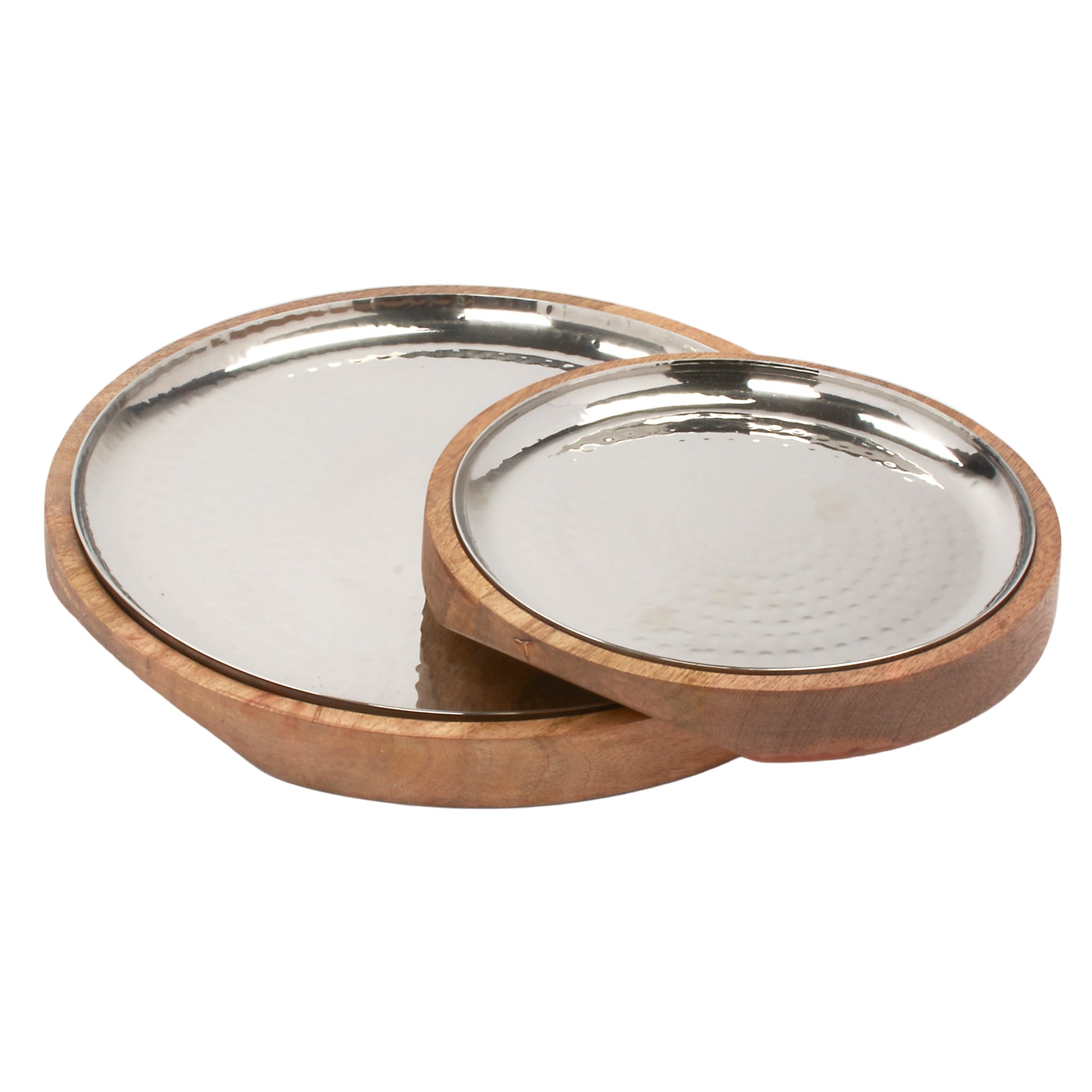 Hammered Stainless Steel Round Platter with Natural wooden Underliner - 12 Inches (30.5 cm)
