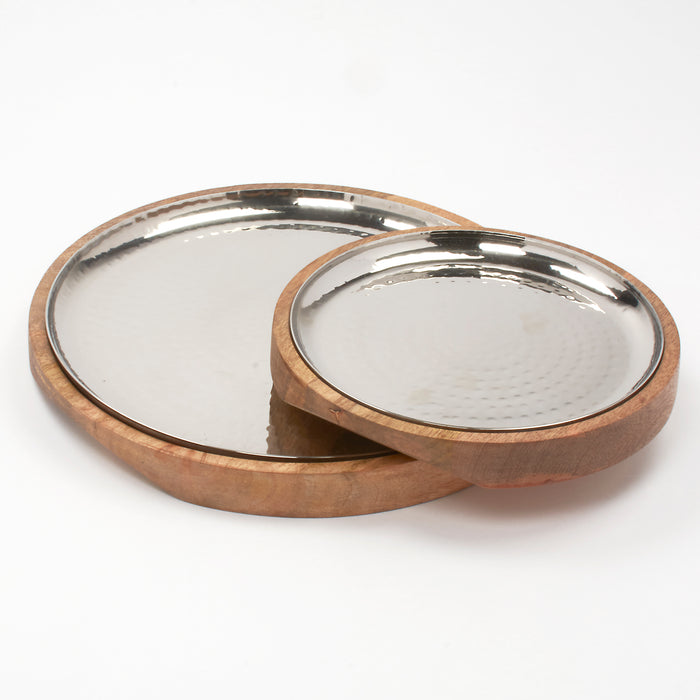 Hammered Stainless Steel Round Platter with Natural wooden Underliner- 12 Inches (30.5 cm)
