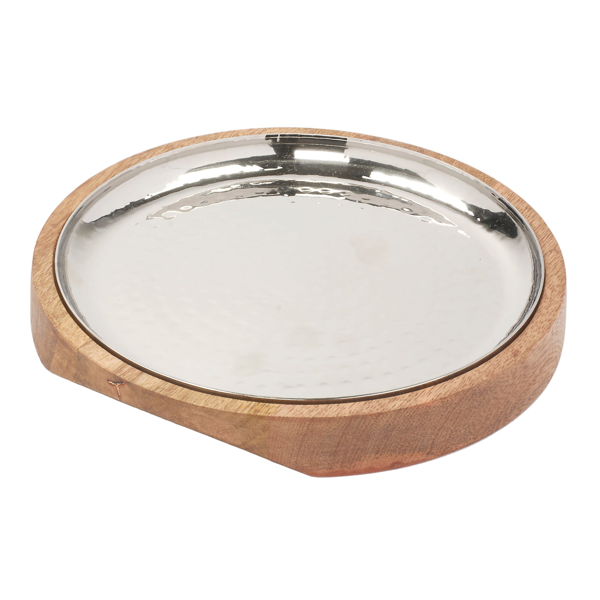 Hammered Stainless Steel Round Platter with Natural wooden Underliner - 9 Inches (22.8 cm)