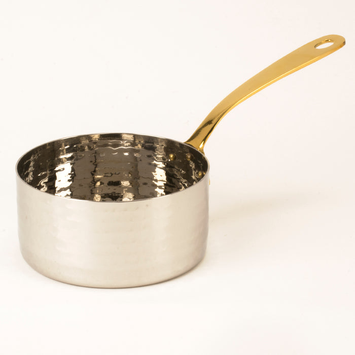 Hammered Stainless Steel Sauce Pan serving bowl with Brass Handle- 20 Oz.
