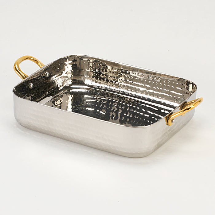 Hammered Stainless Steel Rectangle Serving Pan with Brass Handles - 16 Oz. (480 ml)