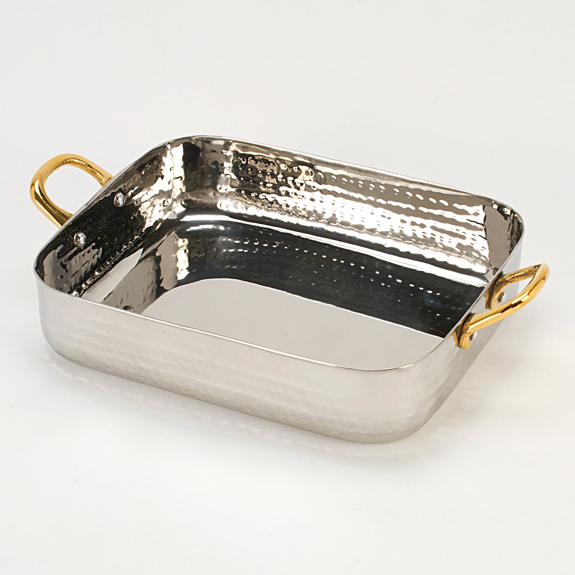 Hammered Stainless Steel Rectangle Serving Pan with Brass Handles - 16 Oz. (480 ml)