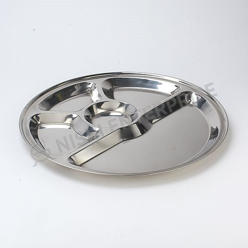 Stainless Steel Round Compartment Plate / Thali Mess Tray with 5 compartments - 13 Inch