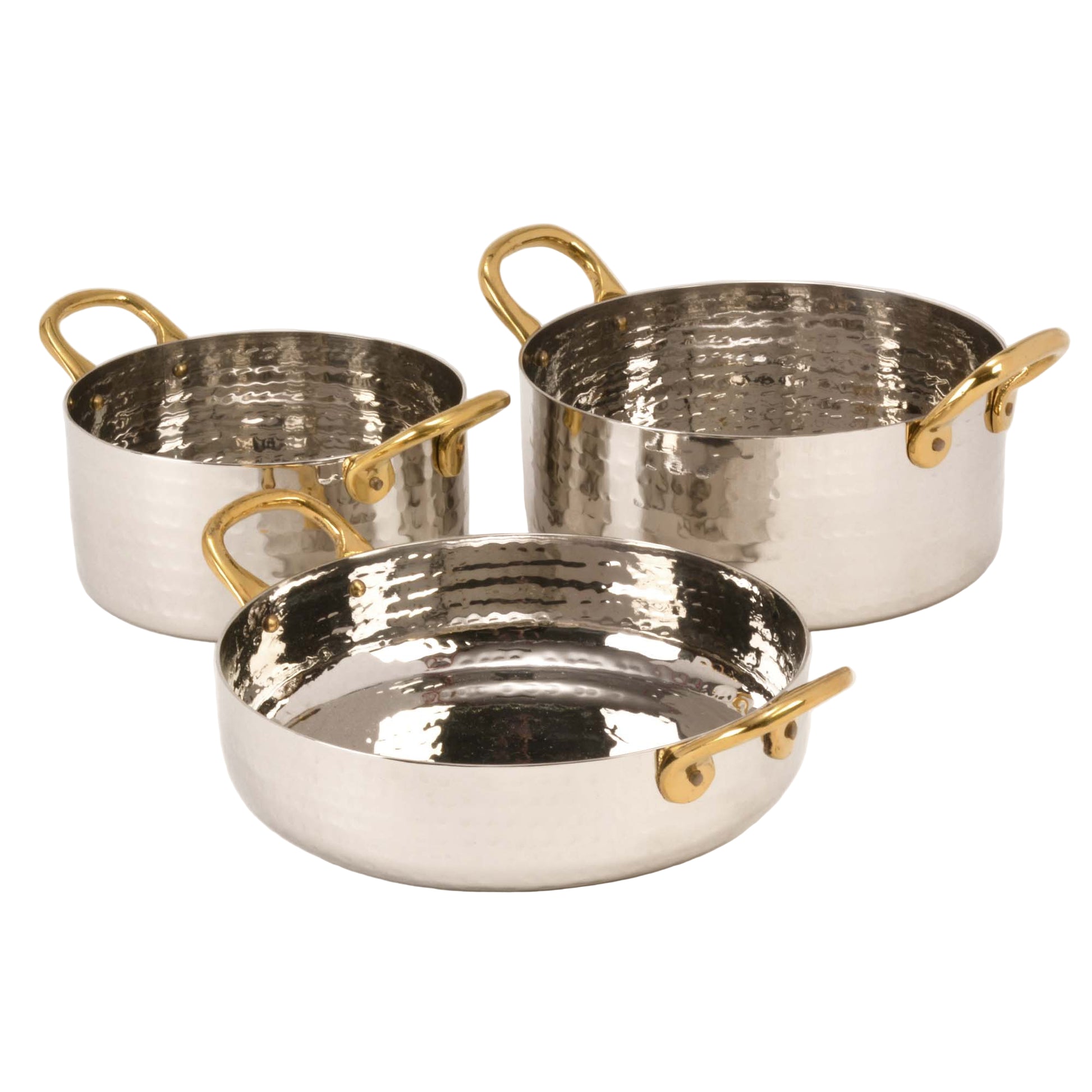 Hammered Stainless Steel Sauce Pan serving bowls with Brass Handles - 28 Oz.
