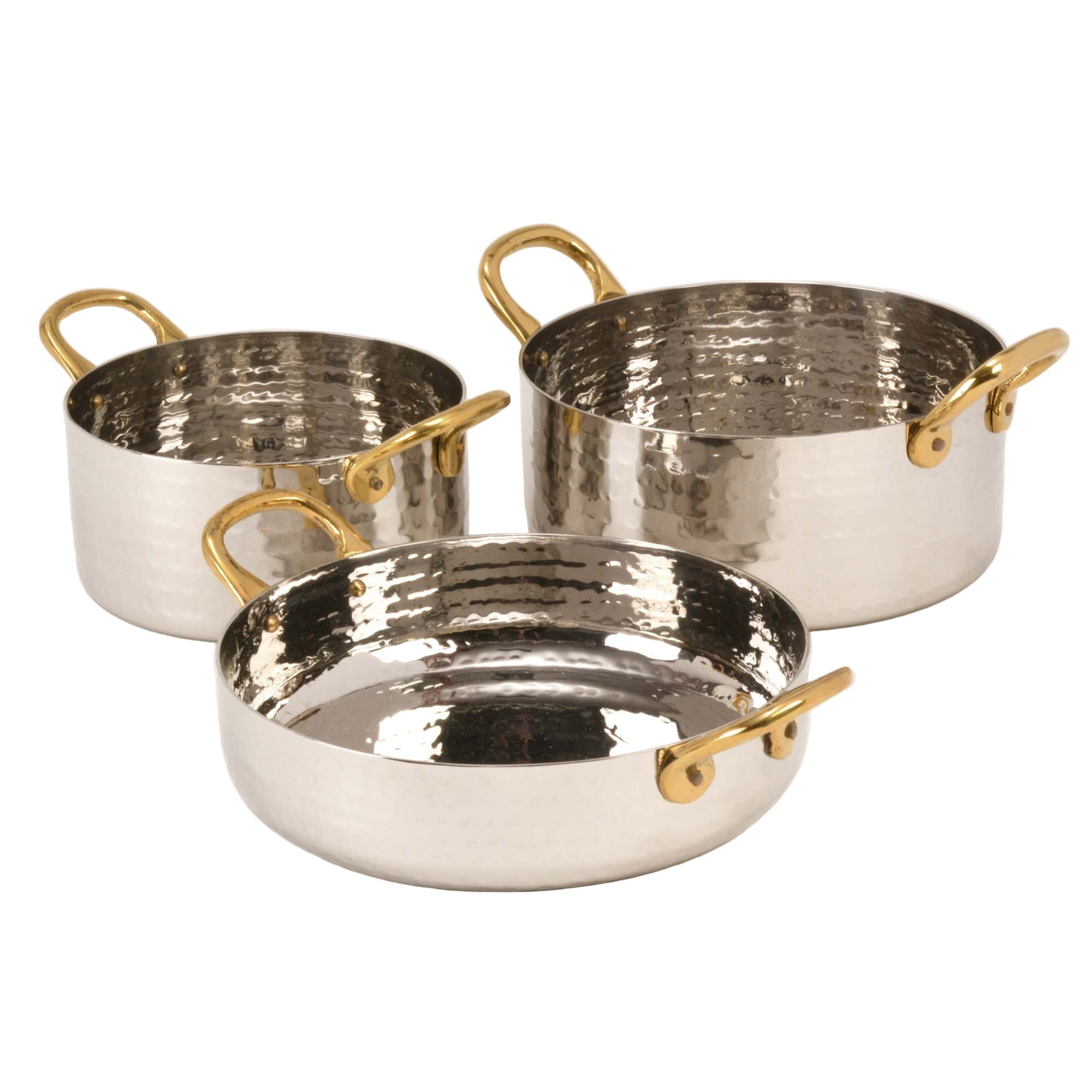 Hammered Stainless Steel Sauce Pan serving bowls with Brass Handles - 28 Oz.
