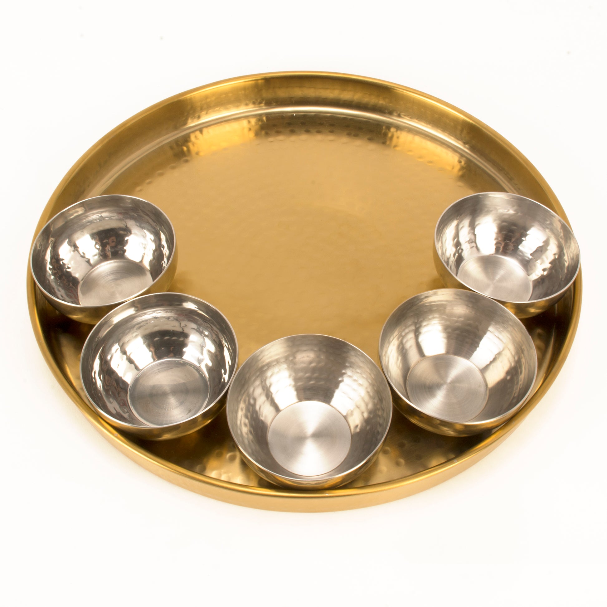 Handmade Round Gold Finish Hammered Stainless Steel Thali Platter - 13 inches