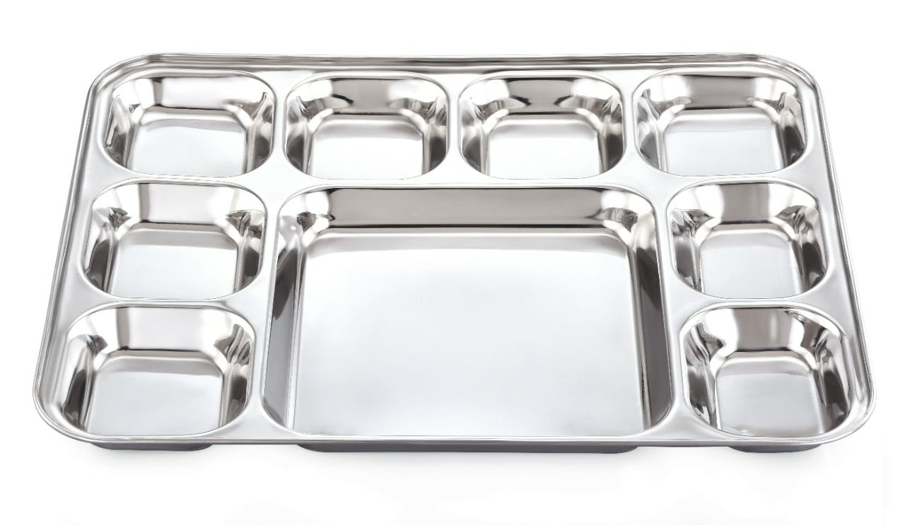 Stainless Steel Rectangular Compartment Plate / Thali with 8 Bowls and 1 Square compartment - 13 Inch