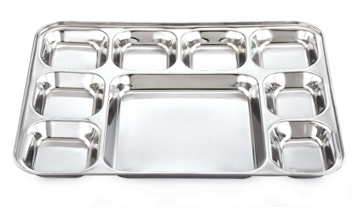 Stainless Steel Rectangular Compartment Plate / Thali with 8 Bowls and 1 Square compartment- 13 Inch