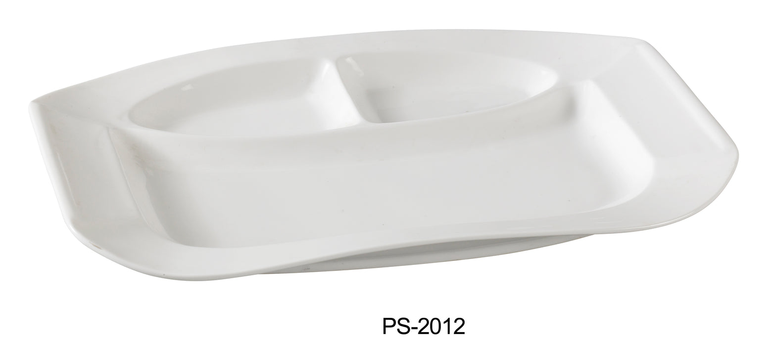 Yanco PS-2012 Piscataway 12" x 8 1/2" 3-Compartment, China, Rectangular, White, Pack of 12